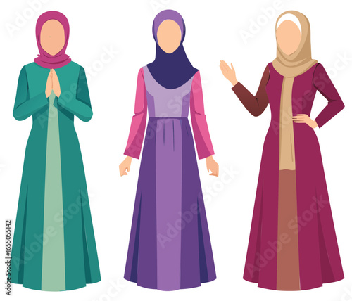 Muslim women wearing hijab in traditional dress, diversity and culture