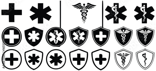 Medical Symbols Collection, Healthcare Icons on Shields and Circles