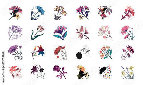 Collection of 24 Beautiful Colorful Flower Illustrations Featuring Daisies, Tulips, Hibiscus, Sunflowers, Plumeria, Roses, Lilies, Lavender, and Mixed Botanical Art Elements in Elegant Hand-Drawn Sty