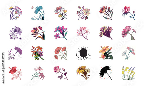 Collection of 24 Beautiful Colorful Flower Illustrations Featuring Daisies, Tulips, Hibiscus, Sunflowers, Plumeria, Roses, Lilies, Lavender, and Mixed Botanical Art Elements in Elegant Hand-Drawn Sty