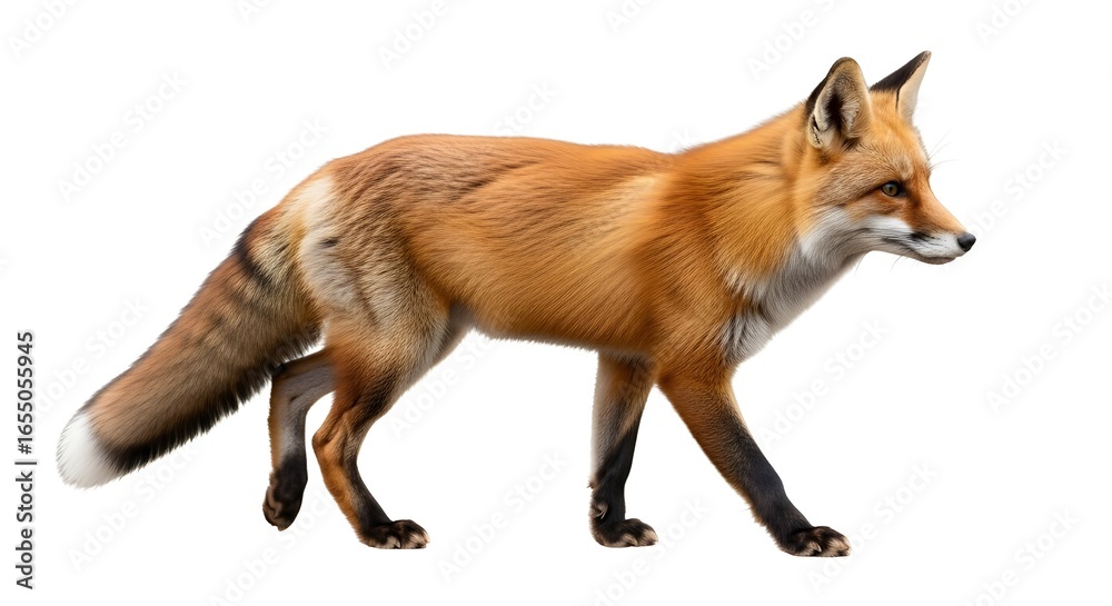 Fototapeta premium Red fox walking isolated on a clean white background.