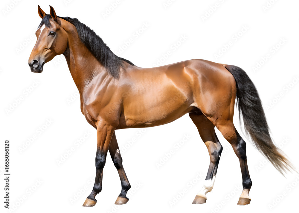 Obraz premium A beautiful brown stallion stands isolated on a white background