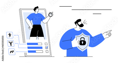 Fitness tracking app with user profile, activity icons, and progress stats man holding locked shield representing data security. Ideal for technology, health, app design, data privacy, protection