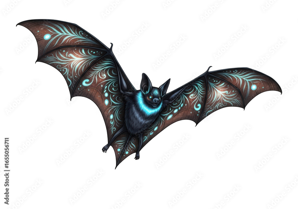 Fototapeta premium Mystical bat with glowing blue eyes and ornate wing patterns