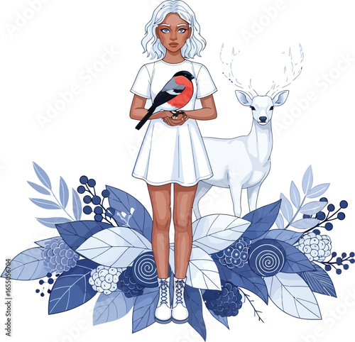 Ethereal woman with bullfinch and white deer in winter nature