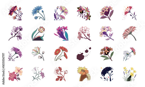 Collection of 24 Beautiful Colorful Flower Illustrations Featuring Daisies, Tulips, Hibiscus, Sunflowers, Plumeria, Roses, Lilies, Lavender, and Mixed Botanical Art Elements in Elegant Hand-Drawn Sty