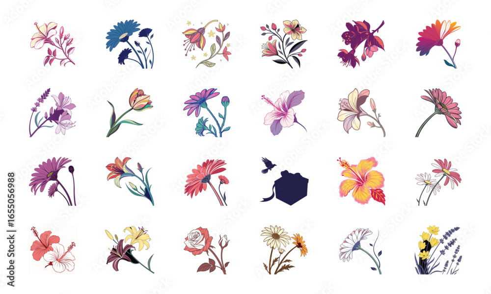 Fototapeta premium Collection of 24 Beautiful Colorful Flower Illustrations Featuring Daisies, Tulips, Hibiscus, Sunflowers, Plumeria, Roses, Lilies, Lavender, and Mixed Botanical Art Elements in Elegant Hand-Drawn Sty