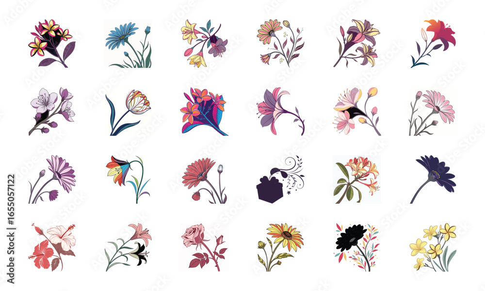 Fototapeta premium Collection of 24 Beautiful Colorful Flower Illustrations Featuring Daisies, Tulips, Hibiscus, Sunflowers, Plumeria, Roses, Lilies, Lavender, and Mixed Botanical Art Elements in Elegant Hand-Drawn Sty