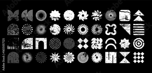 Brutalist geometric shapes, modern grunge symbols. Simple primitive elements and forms, distressed details. Retro design, aged, vintage, trendy contemporary minimalist style, y2k. Vector illustration