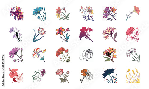 Collection of 24 Beautiful Colorful Flower Illustrations Featuring Daisies, Tulips, Hibiscus, Sunflowers, Plumeria, Roses, Lilies, Lavender, and Mixed Botanical Art Elements in Elegant Hand-Drawn Sty