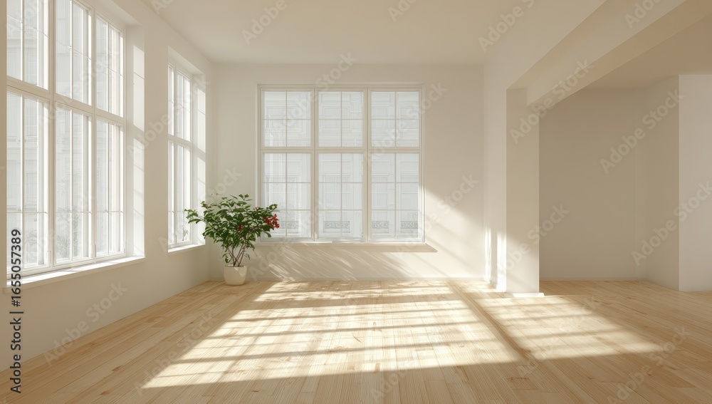 Fototapeta premium Sunny, empty room with large windows