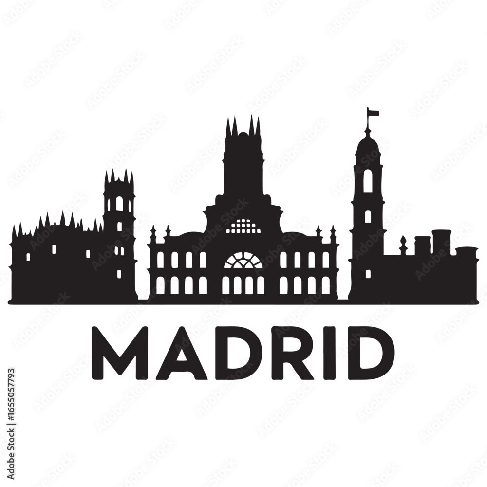 Fototapeta premium Vector Madrid skyline. Travel Madrid famous landmarks. Business and tourism concept for presentation, banner, web site. Vector black silhouette. with white background