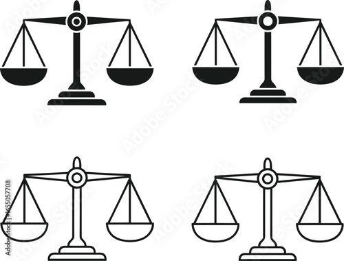 PrintVector illustration of four solid and outline balance scale icons, symbolizing justice, fairness, equality, and impartial legal concepts in minimal style