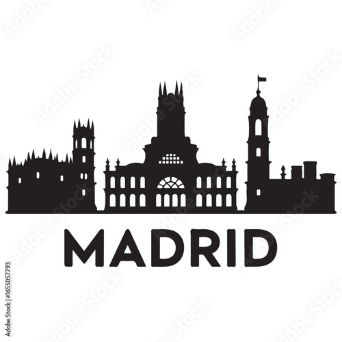 Vector Madrid skyline. Travel Madrid famous landmarks. Business and tourism concept for presentation, banner, web site. Vector black silhouette. with white background