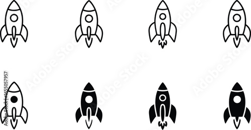Space Rocket Launching Icons, Outline and Filled Style, Transparent Background