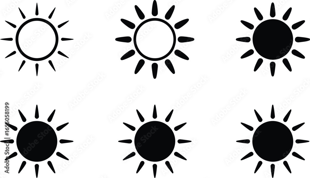 Fototapeta premium Sun Icon Set with Various Styles, Black Silhouette on Transparent Background Shapes