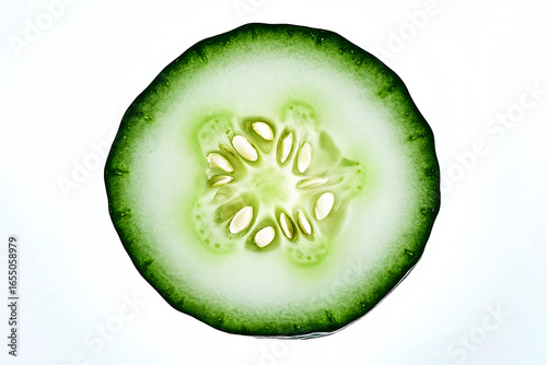 Close up slice of fresh green cucumber on white background