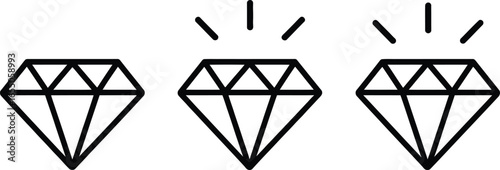 Three Diamond Icons, Outline Style, Gemstone Symbol, Minimalist Design, on White