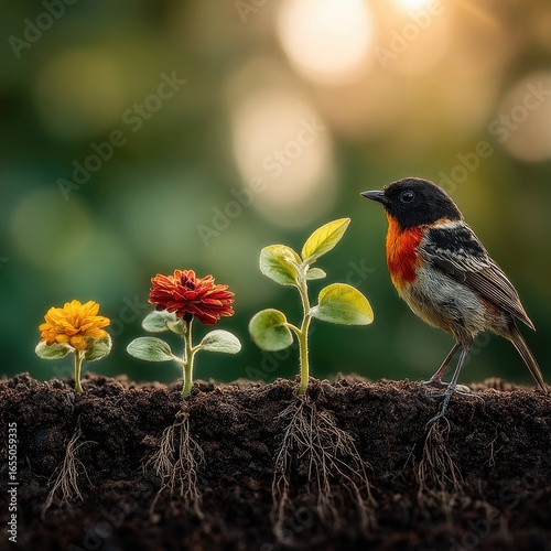 Bird watching blooming plants in soil