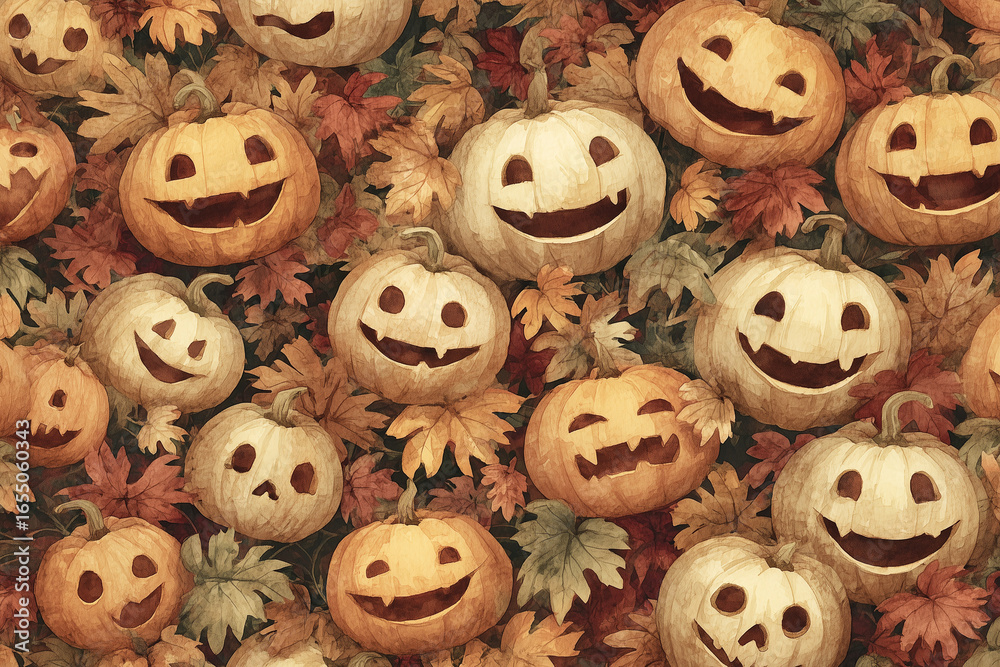 Obraz premium Vintage pattern of Halloween pumpkins with carved smiling faces.