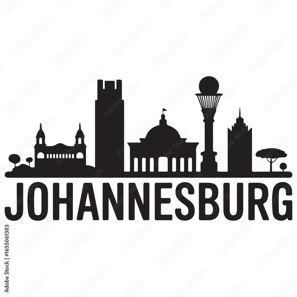 Naklejka premium Vector Johannesburg skyline. Travel Johannesburg famous landmarks. Business and tourism concept for presentation, banner, web site. Vector black silhouette. with white background