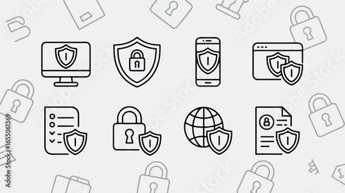 Cybersecurity icons depicting computer phone website document shield padlock and internet representing data protection and information technology security measures for online safety