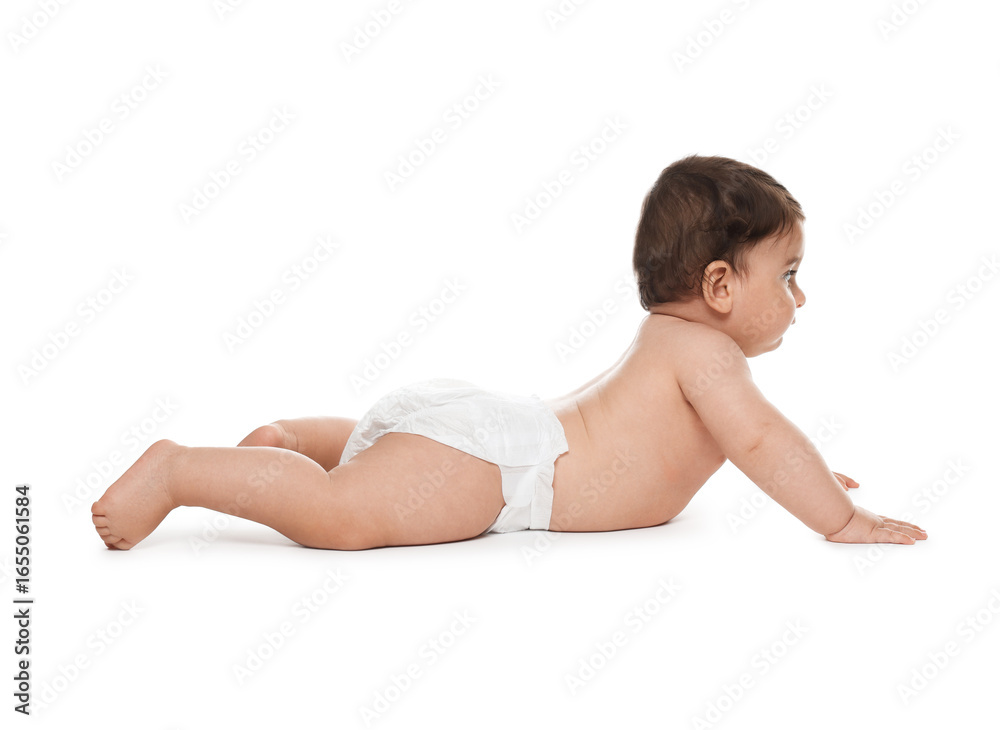 Fototapeta premium Cute little baby in diaper on white background