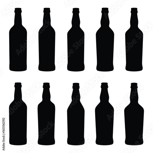 Ten black silhouettes of beer bottles on a white background