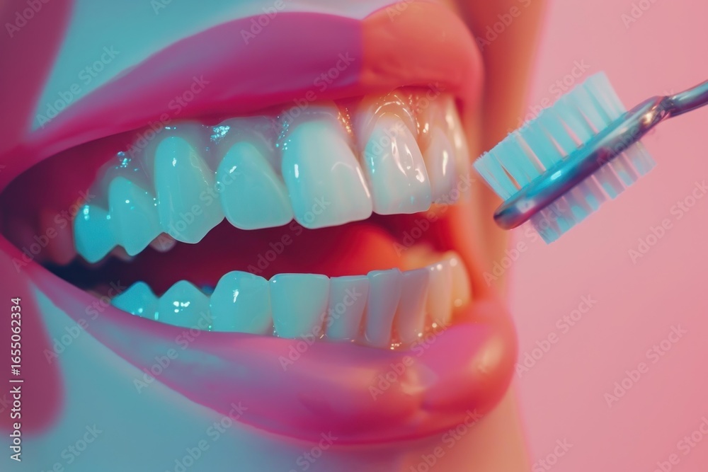 Fototapeta premium Close up of toothbrush cleaning teeth, showcasing oral hygiene and dental care with vibrant neon lighting