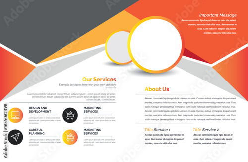 Brochure layout: orange geometric shapes, gray background, white text areas, two circular photo placeholders, clean design, professional, modern, bright, and inviting.