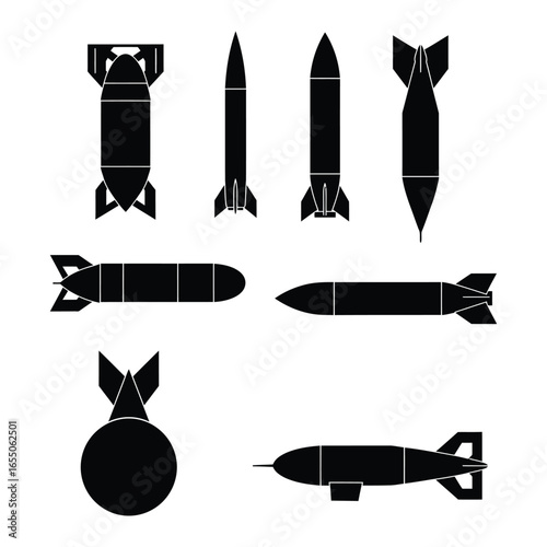 Various types of missiles and rockets in black silhouette on white background