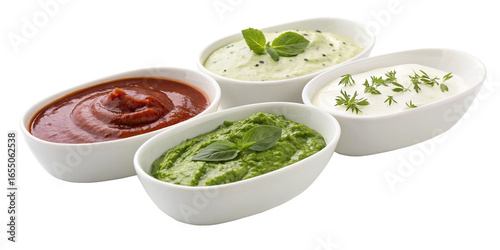 Four bowls of dips and sauces with garnishes isolated on a transparent background