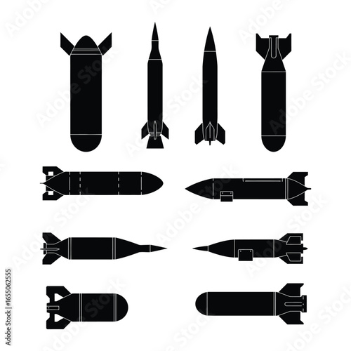Collection of various missile and rocket silhouettes in different orientations