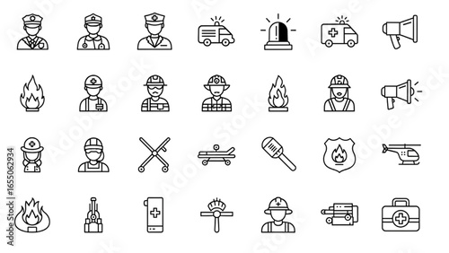 Emergency services vector icon set with adjustable line weight featuring police, firefighter, ambulance, siren, stretcher, helicopter, badge, and first aid symbols. Ideal for safety, healthcare, disas