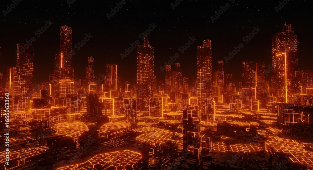 Neon orange wireframe cityscape at night with starry sky Neon orange wireframe cityscape at night with starry sky