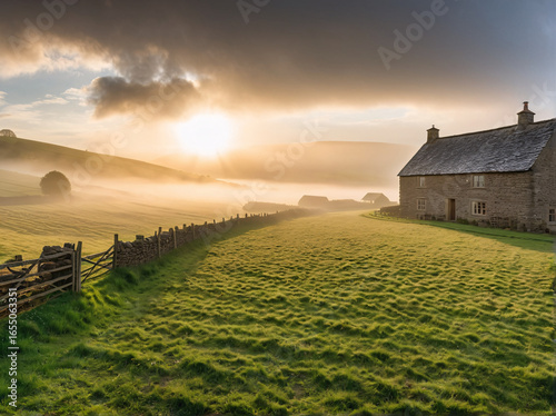 British farm at dawn with misty green hills.