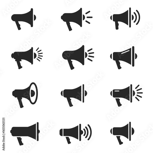 Collection of various megaphone icons in different styles and orientations