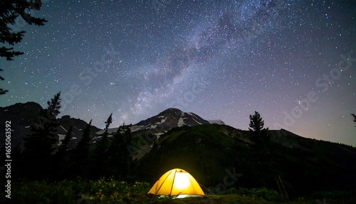 A serene camping scene under a night sky ablaze with stars and the Milky Way, featuring a luminous yellow tent nestled amidst towering mountains.