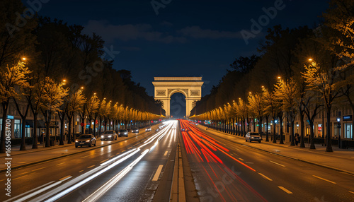 Champs-Élysées avenue with light trails of cars at night, Paris architecture.
