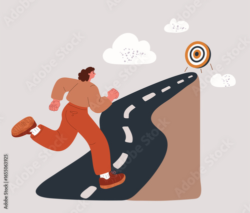 Cartoon vector illustration of a woman running up the road toward a mountain target as a metaphor for reaching goals and determination