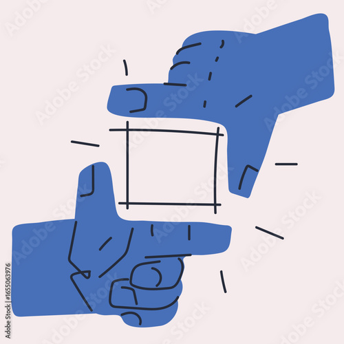 Cartoon vector illustration of hands forming a frame as a metaphor for creativity, vision, and defining composition