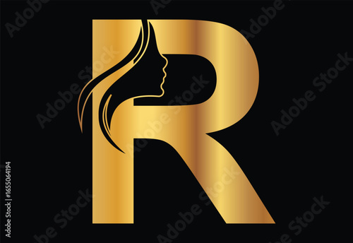 Latter R with golden color luxury beautyfull women  logo design concept illustrator