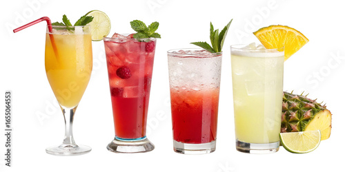 Four refreshing cocktails with fruit and mint garnishes isolated on a transparent background
