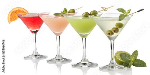 Four Martini Glasses with Colorful Cocktails and Garnishes isolated on a transparent background