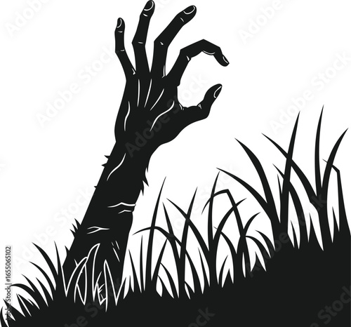 Vector art of a spooky black silhouette of a zombie hand emerging from the ground covered in grass, evoking horror and the undead