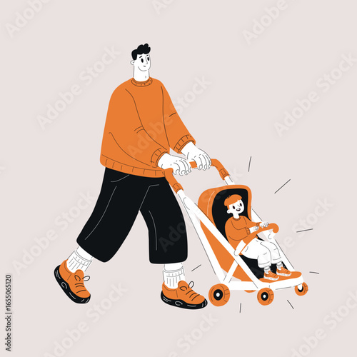 Cartoon vector illustration of a man with a stroller and a child inside as a symbol of parenthood, care, and family bonding