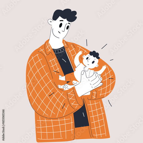 Cartoon vector illustration of a man holding a baby in his arms as a symbol of fatherhood, care, and parental love