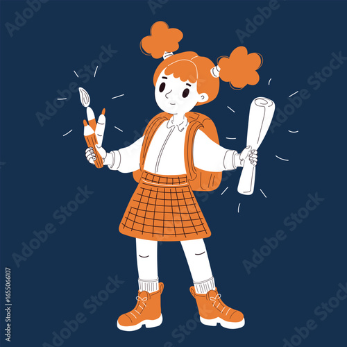 Cartoon vector illustration of a little schoolgirl standing with paintbrushes, pencils, and a backpack as a symbol of creativity, learning, and artistic education