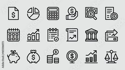 Financial Planning and Investment Strategy Icon Set for Business Growth and Prosperity in Black and White