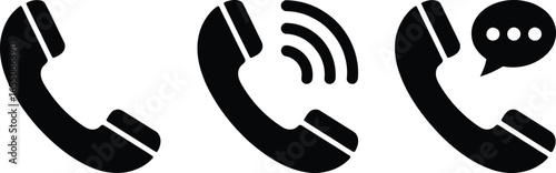 Black Telephone Receiver Icon Set on Transparent Background with Connection Signals